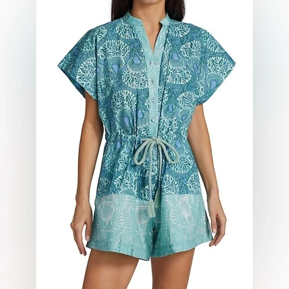 Beatriz Camacho Flor De Sal Mola Romper Blue short sleeve pockets